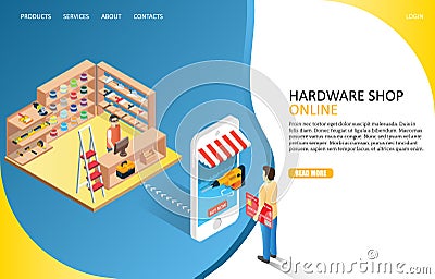 Hardware online shop landing page website vector template Vector Illustration