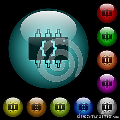 Hardware programming icons in color illuminated glass buttons Stock Photo