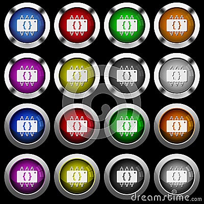 Hardware programming white icons in round glossy buttons on black background Stock Photo