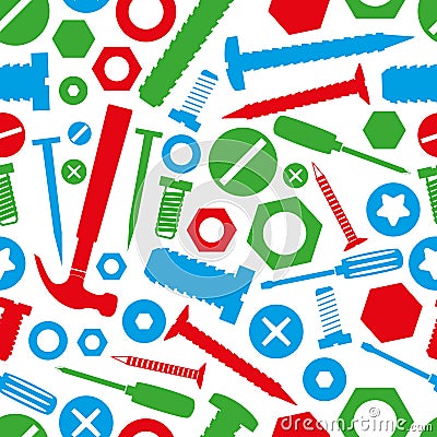 Hardware screws and nails with tools color seamless pattern Vector Illustration