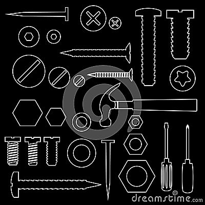 Hardware screws and nails with tools outline symbols eps10 Vector Illustration