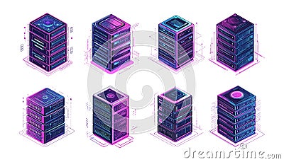 Hardware servers isometric vector set. Rigs racks computer storage data memory information, internet technology Vector Illustration