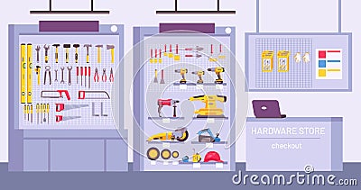 Hardware store interior. Shop with counter, shelves with assortment, instruments for home repair. Construction tools Vector Illustration