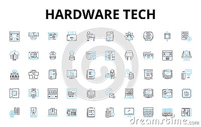 hardware tech linear icons set. Processor, Motherboard, Graphics, Display, Storage, Memory, Keyboard vector symbols and Vector Illustration