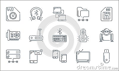 hardware and technology line icons. linear set. quality vector line set such as usb flash drive, mobile transfer, server, Vector Illustration