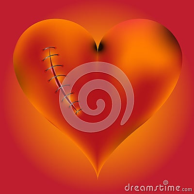 Hardwired wounded heart on red-yellow background. Vector Illustration