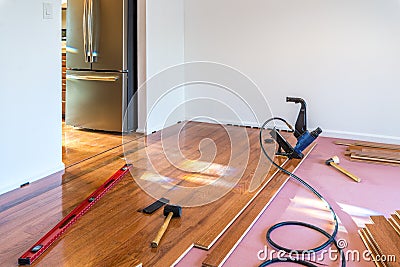 Hardwood floor installation Stock Photo