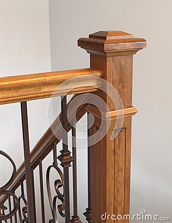 Wood stairs newel handrail staircase home interior classic victorian style Stock Photo