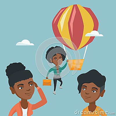 Hardworking employee flying away on a balloon. Vector Illustration