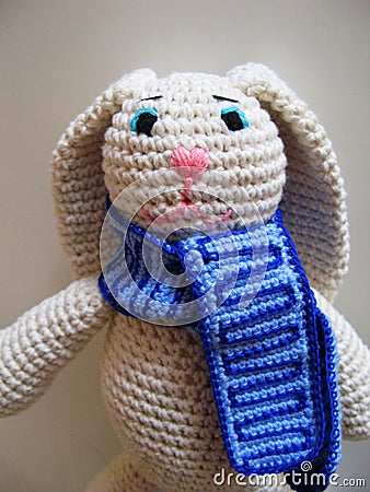 Crochet hare. Hand made toy. Stock Photo