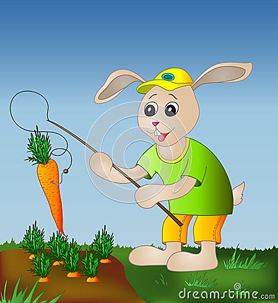 Hare with a fishing tackle and a carrot Vector Illustration