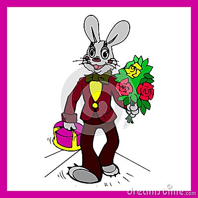 Hare with flowers and with a cake, goes for a birthday, cartoon Vector Illustration