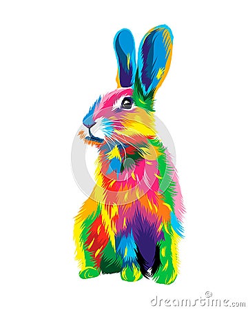 Hare, rabbit from multicolored paints. Splash of watercolor, colored drawing, realistic Vector Illustration