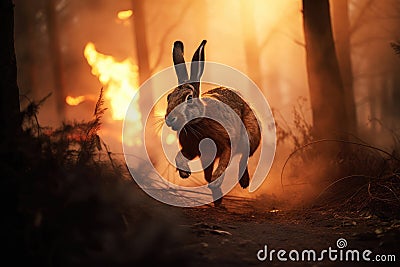 Hare Running From Burning Forest, Generative AI Stock Photo