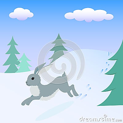 Hare running in the winter forest. Vector Illustration