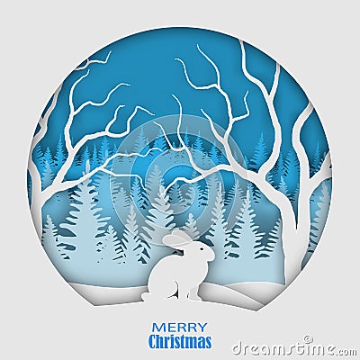 A hare sitting on a snowdrift, against the backdrop of a forest of Christmas trees. Christmas, New Year`s illustration. Paper styl Vector Illustration