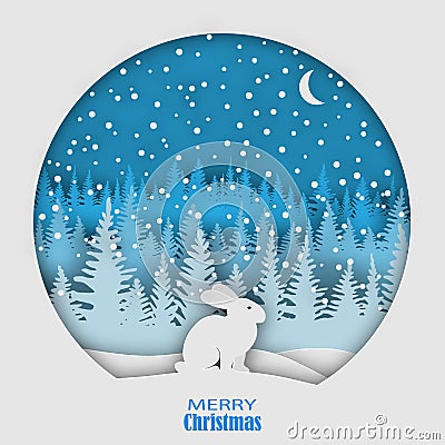 A hare sitting on a snowdrift in a snowfall, against the backdrop of a forest of Christmas trees. Christmas, New Year`s illustrati Vector Illustration