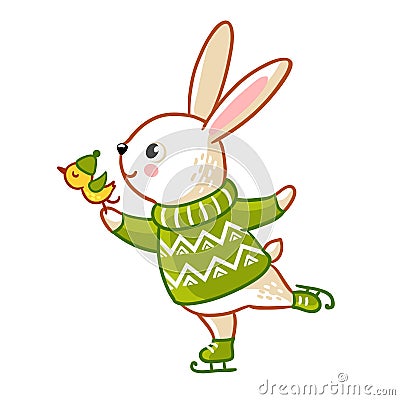 Hare in sweater skates. Cartoon Illustration