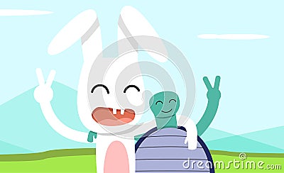 Hare and tortoise take pictures together, vector Vector Illustration