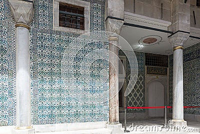 Harem courtyard with blue oriental ornaments on the walls in an Ottoman palace. History and tourism Editorial Stock Photo