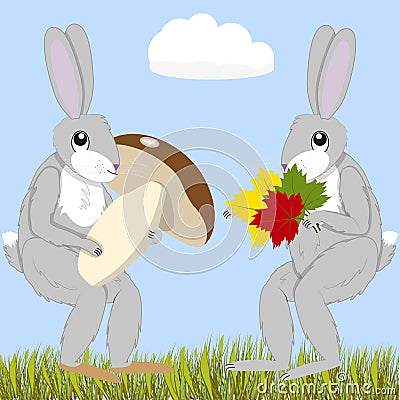 Hares with mushroom Vector Illustration