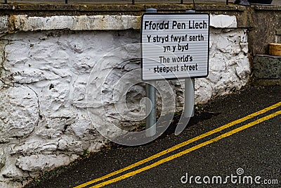 Editorial, Sign for Ffordd Pen Llech, now second steepest street in world. Barmouth, Gwynedd, North Wales, UK, landscape Editorial Stock Photo