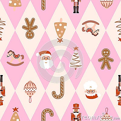 Harlequin Christmas seamless pattern. Cream pink background with Santa, nutcracker and ginger toys. Vector Illustration