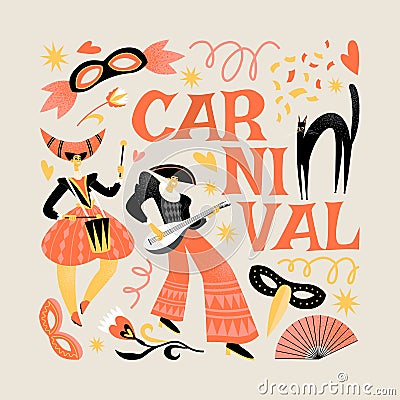 Harlequin and Columbine with musical instruments. Vector illustration with venetian carnival characters, cat, masks and Vector Illustration