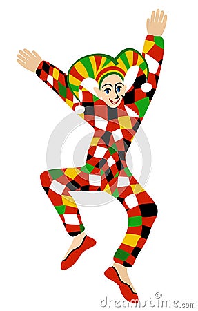Harlequin, one of the principal characters of traditional italian comedy. Commedia dell'arte. Vector isolated illustration Vector Illustration