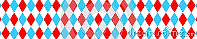 Harlequin seamless pattern. Blue, red and and white rhombus horizontal background. Circus, masquerade, carnival print Vector Illustration