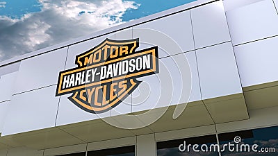 Harley-Davidson, Inc. logo on the modern building facade. Editorial 3D rendering Editorial Stock Photo