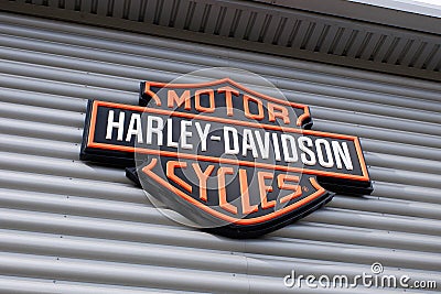 Harley Davidson Motor Cycles sign, Trade City, Thomas Sawyer Way, Watford Editorial Stock Photo