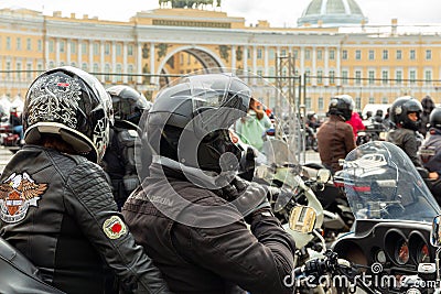 Harley-Davidson Motorcycle Festival in St. Petersburg. various motorcycles with bikers in Palace Square Editorial Stock Photo