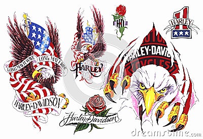 Harley Davidson oldskool tattoo set. Set of labels and elements. Vector set illustration template tattoo. Cartoon Illustration