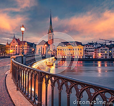 Ð¡harm of the ancient cities of Europe. Adorable evening view of Fraumunster Church Stock Photo