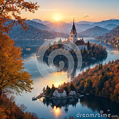 harm of the ancient cities of Europe. Panoramic morning view of Pilgrimage Church of the Assumption of Maria. Exciting Stock Photo