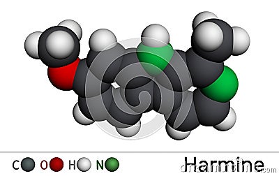 Harmine molecule. It is fluorescent harmala alkaloid, inhibits monoamine oxidase A, MAO-A. Molecular model. 3D rendering Stock Photo