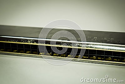 Harmonica/Mouth organ (WInd Instrumnent) isolated on white background. Selective focus applied Stock Photo