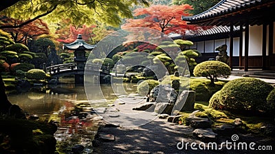 A harmonious and elegant view of a traditional Japanese garden with a koi fish and a bonsai tree Stock Photo