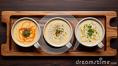 Harmonious Fusion: Three White Bowls Of Soup With Exquisite Sauces Stock Photo