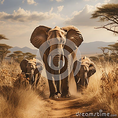 Harmonious Herd: Family of Elephants Walking Together. Generative AI Stock Photo