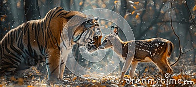 Harmonious tiger and deer encounter in sunlit forest, symbolizing unity for conservation campaign Stock Photo