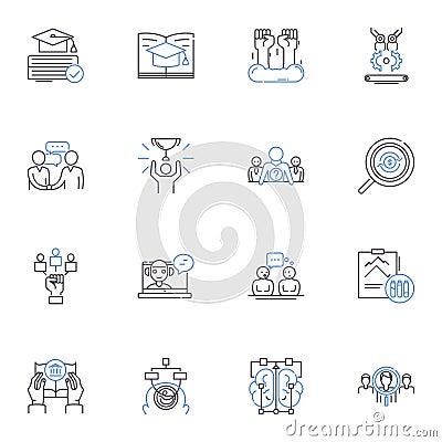 Harmonized analyzing line icons collection. Harmonize, Analyze, Unify, Synthesize, Coordinate, Systematize, Integrate Vector Illustration
