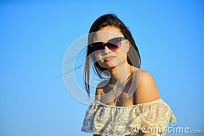 Harmony and balance. Female psychology. Beautiful woman on sunny day blue sky. Female power. Summer fashion. Find inner Stock Photo