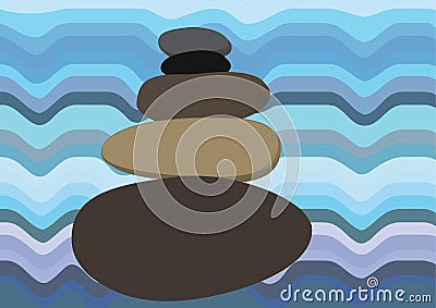 Harmony and balance vector illustration, stone cairn against wavy water, blue tones Vector Illustration