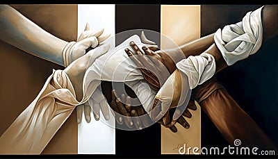 Harmony in Diversity: Multicultural Hands United in Raising a White Flag, Made with Generative AI Stock Photo