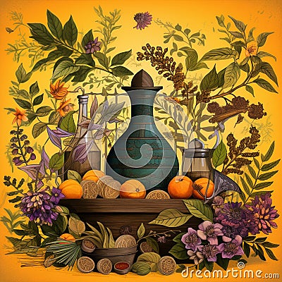 Harmony from the Earth: A Captivating Display of Herbal Remedies Cartoon Illustration