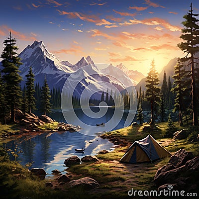 Harmony Haven: Serene Camping Scene Stock Photo