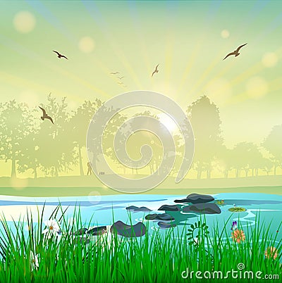 Harmony nature landscape sunset love couple Vector Illustration