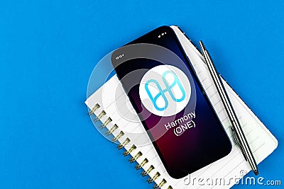 Harmony ONE symbol. Trade with cryptocurrency, digital and virtual money, banking with mobile phone concept. Business Stock Photo